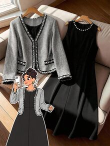 Formidée Setelan 2 Potong Wanita Ukuran Besar, Jaket Leher V Berhiaskan Mutiara dan Gaun Maxi Leher Bulat Elegan Warna Hitam dan Putih untuk Musim Gugur dan Musim Dingin, Cocok untuk Kerja, Pesta, dan Acara Santai - Hitam dan Putih - View 3