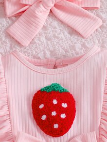 SHEIN 2件組新生兒春夏/秋冬粉色甜美公主風草莓貼花網紗拼接荷葉袖長袖洋裝附髮帶套裝，寬鬆舒適版型，適合日常穿著、滿月派對、周歲生日派對、節日聚會、拍照拍攝 - 粉色 - 查看 5