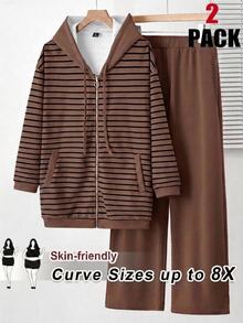 SHEIN CURVE+ Plus Size Women's Autumn/Winter Striped Sweatshirt Jacket + Long Pants Set Fall - Brown - View 5