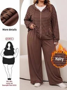 SHEIN CURVE+ Plus Size Women's Autumn/Winter Striped Sweatshirt Jacket + Long Pants Set Fall - Brown - View 1