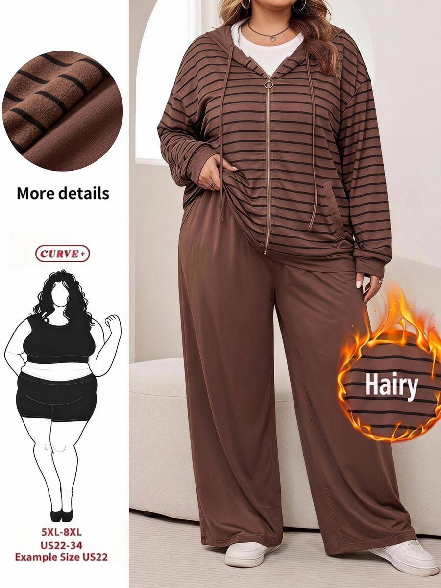 SHEIN CURVE+ Plus Size Women's Autumn/Winter Striped Sweatshirt Jacket + Long Pants Set Fall - Brown - View 1