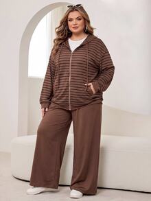 SHEIN CURVE+ Plus Size Women's Autumn/Winter Striped Sweatshirt Jacket + Long Pants Set Fall - Brown - View 3