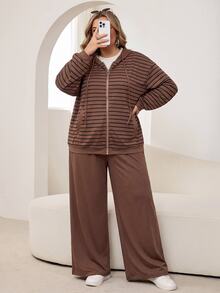 SHEIN CURVE+ Plus Size Women's Autumn/Winter Striped Sweatshirt Jacket + Long Pants Set Fall - Brown - View 4