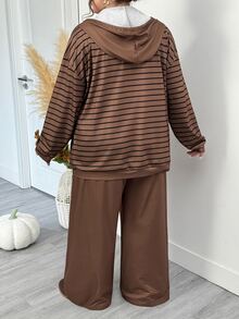 SHEIN CURVE+ Plus Size Women's Autumn/Winter Striped Sweatshirt Jacket + Long Pants Set Fall - Brown - View 2