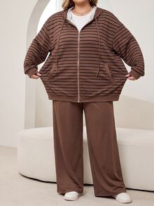 SHEIN CURVE+ Plus Size Women's Autumn/Winter Striped Sweatshirt Jacket + Long Pants Set Fall - Brown - View 6