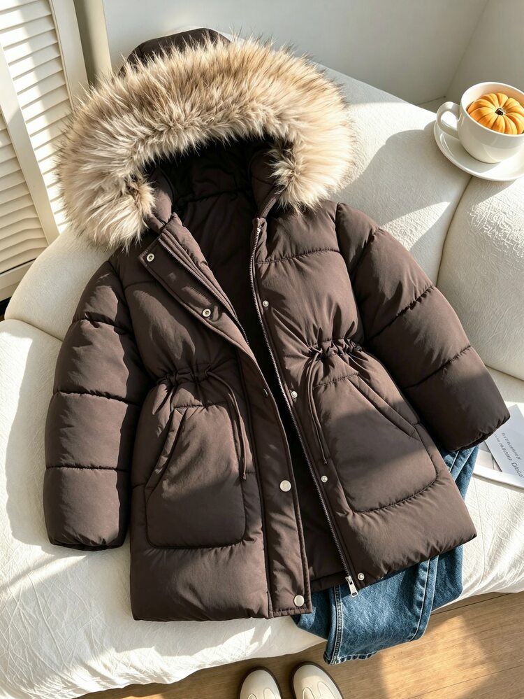 SHEIN Tween Girls Winter Coat Faux Fur Hooded Warm Coat School Club Dark Green Modest Cute - Brown - View 8