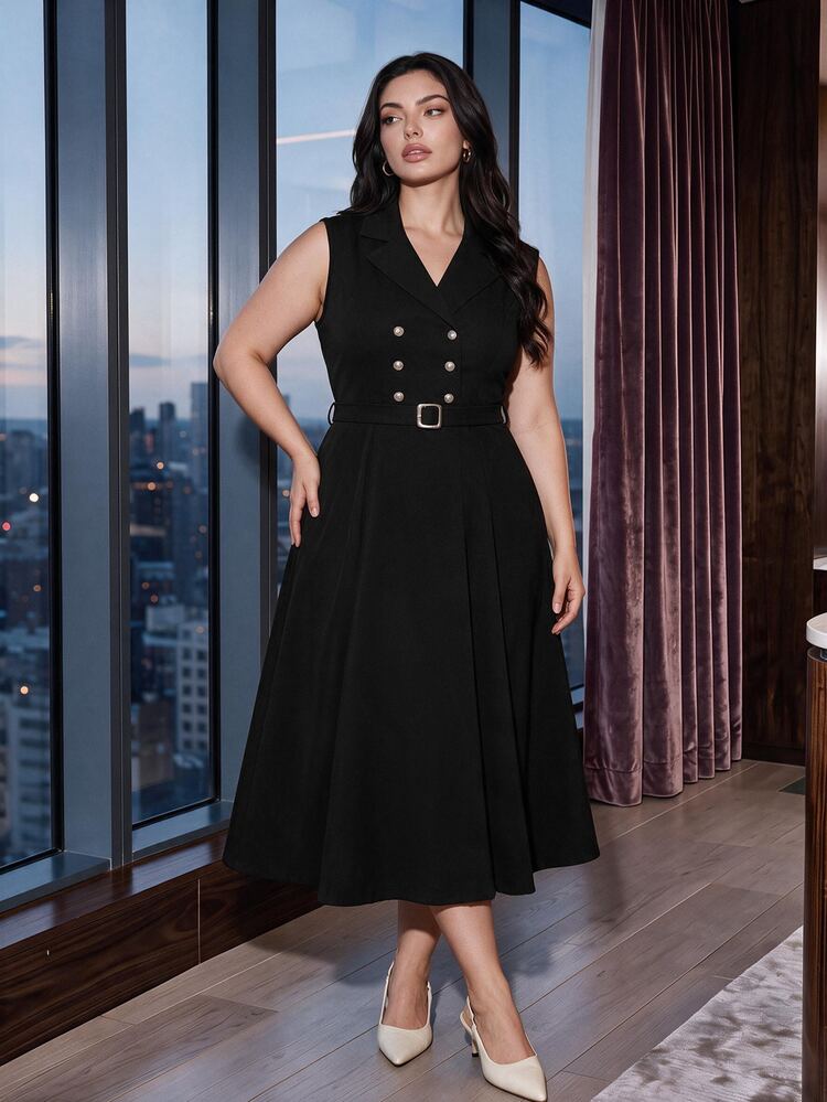 Formidée Plus Size Women Apricot Solid Color Sleeveless Double-Breasted Waist Metallic Buckle Elegant Commuter Dress - Black - View 2