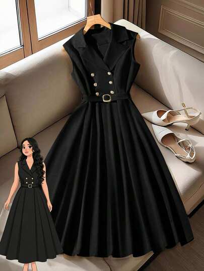Formidée Plus Size Women Apricot Solid Color Sleeveless Double-Breasted Waist Metallic Buckle Elegant Commuter Dress
