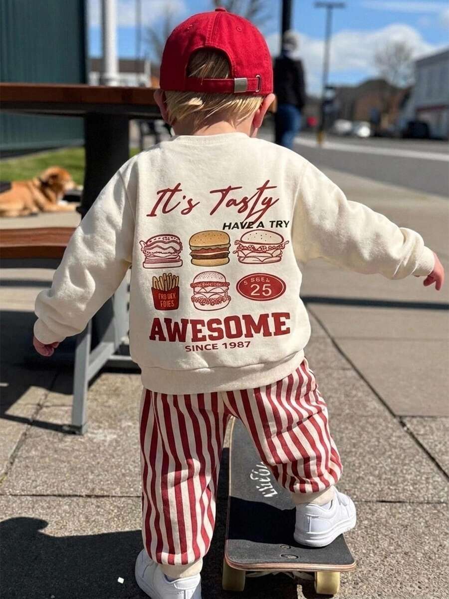 2pcs Young Boy Fashionable Graphic Print Crew Neck Sweatshirt And Sweatpants Set, Suitable For Holiday Parties, Spring/Autumn/Winter, Comfortable And Casual, Autumn First Choice, Streetwear, Casual Outfits For Back To School And Outdoor - Multicolor - View 1