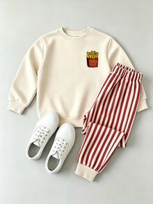 2pcs Young Boy Fashionable Graphic Print Crew Neck Sweatshirt And Sweatpants Set, Suitable For Holiday Parties, Spring/Autumn/Winter, Comfortable And Casual, Autumn First Choice, Streetwear, Casual Outfits For Back To School And Outdoor - Multicolor - View 2