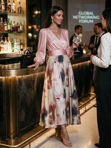 Editum Women's Elegant Romantic Commuter Date Dinner Printed Patchwork Midi Dress Wedding Pink Autumn - Multicolor - View 3