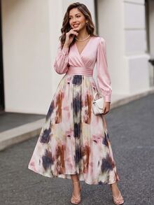 Editum Women's Elegant Romantic Commuter Date Dinner Printed Patchwork Midi Dress Wedding Pink Autumn - Multicolor - View 4