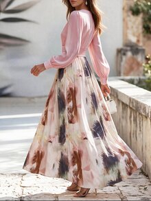 Editum Women's Elegant Romantic Commuter Date Dinner Printed Patchwork Midi Dress Wedding Pink Autumn - Multicolor - View 10