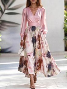 Editum Women's Elegant Romantic Commuter Date Dinner Printed Patchwork Midi Dress Wedding Pink Autumn - Multicolor - View 7