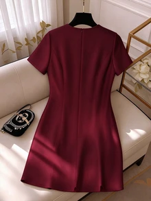SHEIN Clasi Plus Size Women's Sequin Bow Decor Short Sleeve Dress - Burgundy - View 2