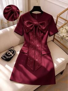 SHEIN Clasi Plus Size Women's Sequin Bow Decor Short Sleeve Dress - Burgundy - View 5