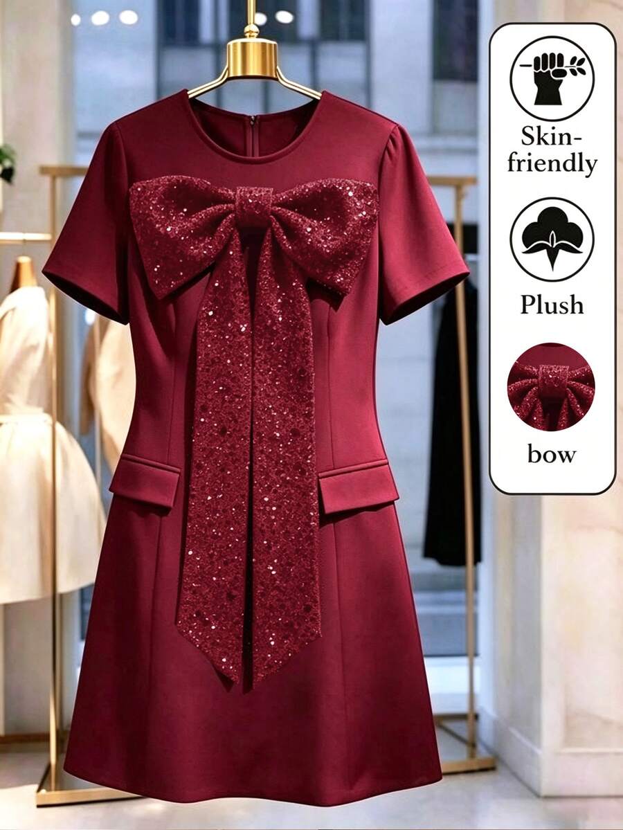 SHEIN Clasi Plus Size Women's Sequin Bow Decor Short Sleeve Dress - Burgundy - View 1