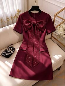 SHEIN Clasi Plus Size Women's Sequin Bow Decor Short Sleeve Dress - Burgundy - View 3