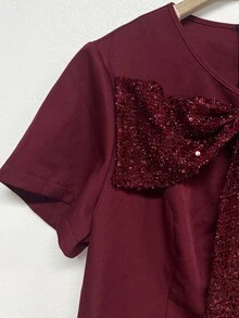 SHEIN Clasi Plus Size Women's Sequin Bow Decor Short Sleeve Dress - Burgundy - View 4