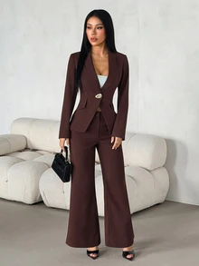 SHEIN PETITE Women's Metal Button Long Sleeve Jacket And Loose Pants Suit Set Office Business Dark Brown Autumn/Winter,Workwear,Teacher's Day,Petite - Brown - View 8
