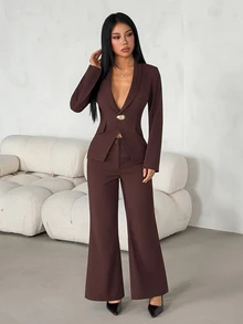 SHEIN PETITE Women's Metal Button Long Sleeve Jacket And Loose Pants Suit Set Office Business Dark Brown Autumn/Winter,Workwear,Teacher's Day,Petite - Brown - View 3