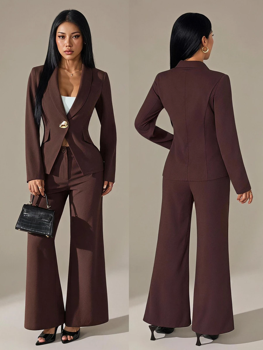 SHEIN PETITE Women's Metal Button Long Sleeve Jacket And Loose Pants Suit Set Office Business Dark Brown Autumn/Winter,Workwear,Teacher's Day,Petite - Brown - View 1