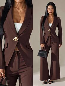 SHEIN PETITE Women's Metal Button Long Sleeve Jacket And Loose Pants Suit Set Office Business Dark Brown Autumn/Winter,Workwear,Teacher's Day,Petite - Brown - View 11