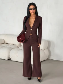 SHEIN PETITE Women's Metal Button Long Sleeve Jacket And Loose Pants Suit Set Office Business Dark Brown Autumn/Winter,Workwear,Teacher's Day,Petite - Brown - View 6