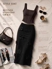 Formidée Plus Size Women's Solid Color Elegant 3D Floral Decor Dual Pocket Fashionable Versatile A-Line Skirt Fall - Black - View 3