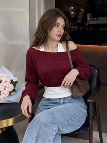SHEIN MOD كنزة نسائية 2 في 1 بأكمام طويلة كاجوال برقبة هالتر - عنابي اللون - مشاهدة 2