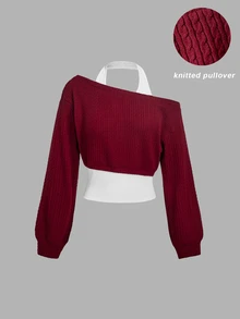 SHEIN MOD كنزة نسائية 2 في 1 بأكمام طويلة كاجوال برقبة هالتر - عنابي اللون - مشاهدة 5