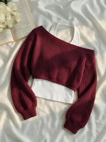 SHEIN MOD كنزة نسائية 2 في 1 بأكمام طويلة كاجوال برقبة هالتر - عنابي اللون - مشاهدة 4