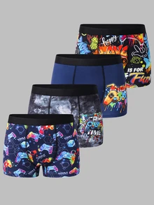 SHEIN 4pcs Kids Tween Boy Sports Casual Basketball And Game Console Pattern Elastic Waist Boxer Briefs - Multicolor - View 4