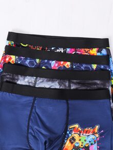 SHEIN 4pcs Kids Tween Boy Sports Casual Basketball And Game Console Pattern Elastic Waist Boxer Briefs - Multicolor - View 3