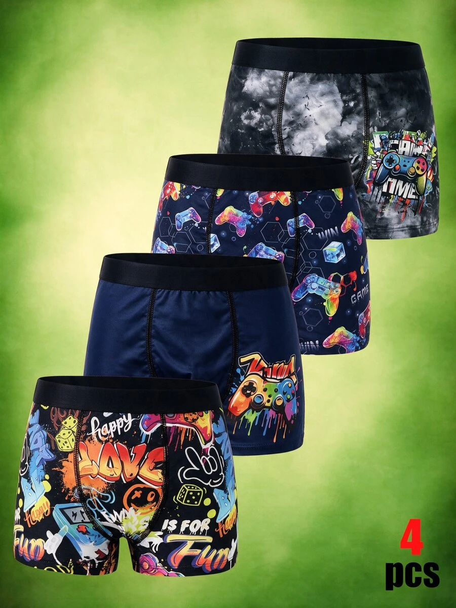 SHEIN 4pcs Kids Tween Boy Sports Casual Basketball And Game Console Pattern Elastic Waist Boxer Briefs - Multicolor - View 1