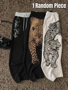 SHEIN Teen Girl Teen Girls Knitted Leopard Print Loose Casual Sweatpants - Black - View 2