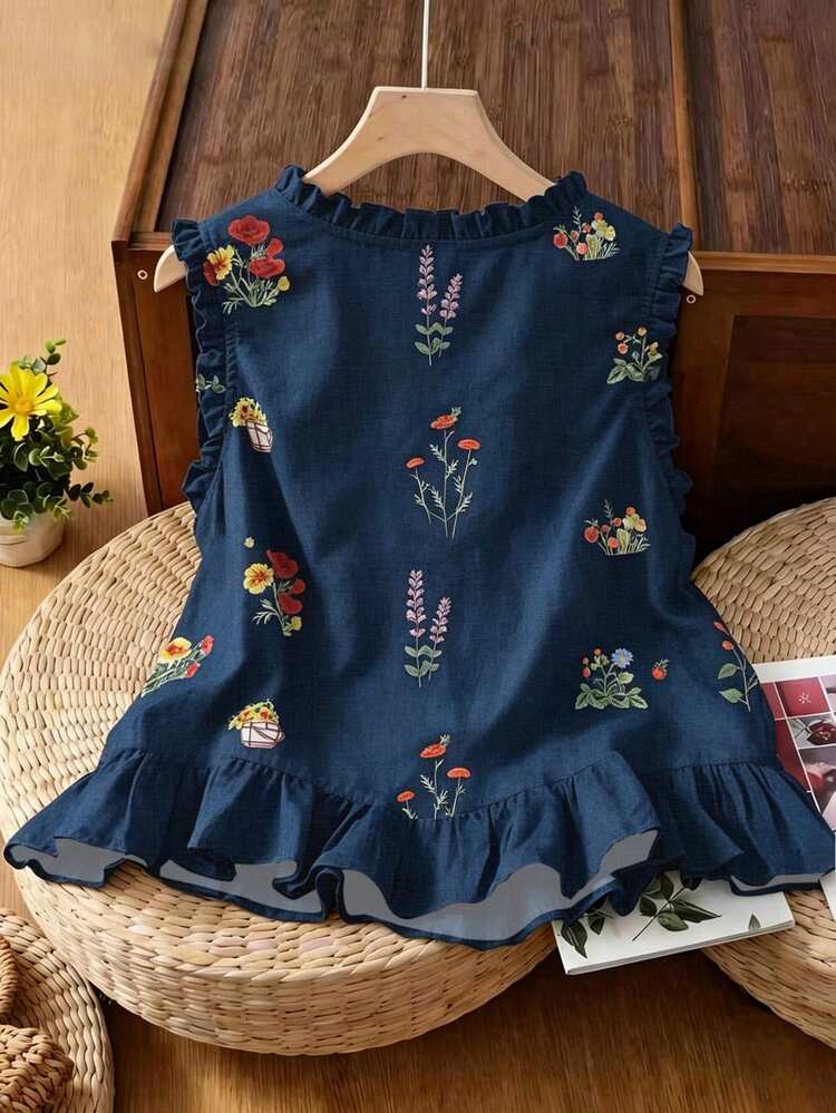 Selianne Spring/Summer New French Sweet Ditsy Floral Frill Trim Sleeveless Blouse Elegant Cottage Core Vintage Vest Top Picnic Day Party Navy Blue Floral - Navy Blue - View 2