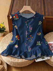 Selianne Spring/Summer New French Sweet Ditsy Floral Frill Trim Sleeveless Blouse Elegant Cottage Core Vintage Vest Top Picnic Day Party Navy Blue Floral - Navy Blue - View 1