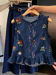 Selianne Spring/Summer New French Sweet Ditsy Floral Frill Trim Sleeveless Blouse Elegant Cottage Core Vintage Vest Top Picnic Day Party Navy Blue Floral - Navy Blue - View 6