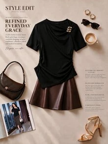 Formidée Plus Size Women's Minimalist Elegant Asymmetric Short Sleeve T-Shirt, Black And Gold Metal Accent, Asymmetric Hem Side Ruched, Summer Work Top - Black - View 3