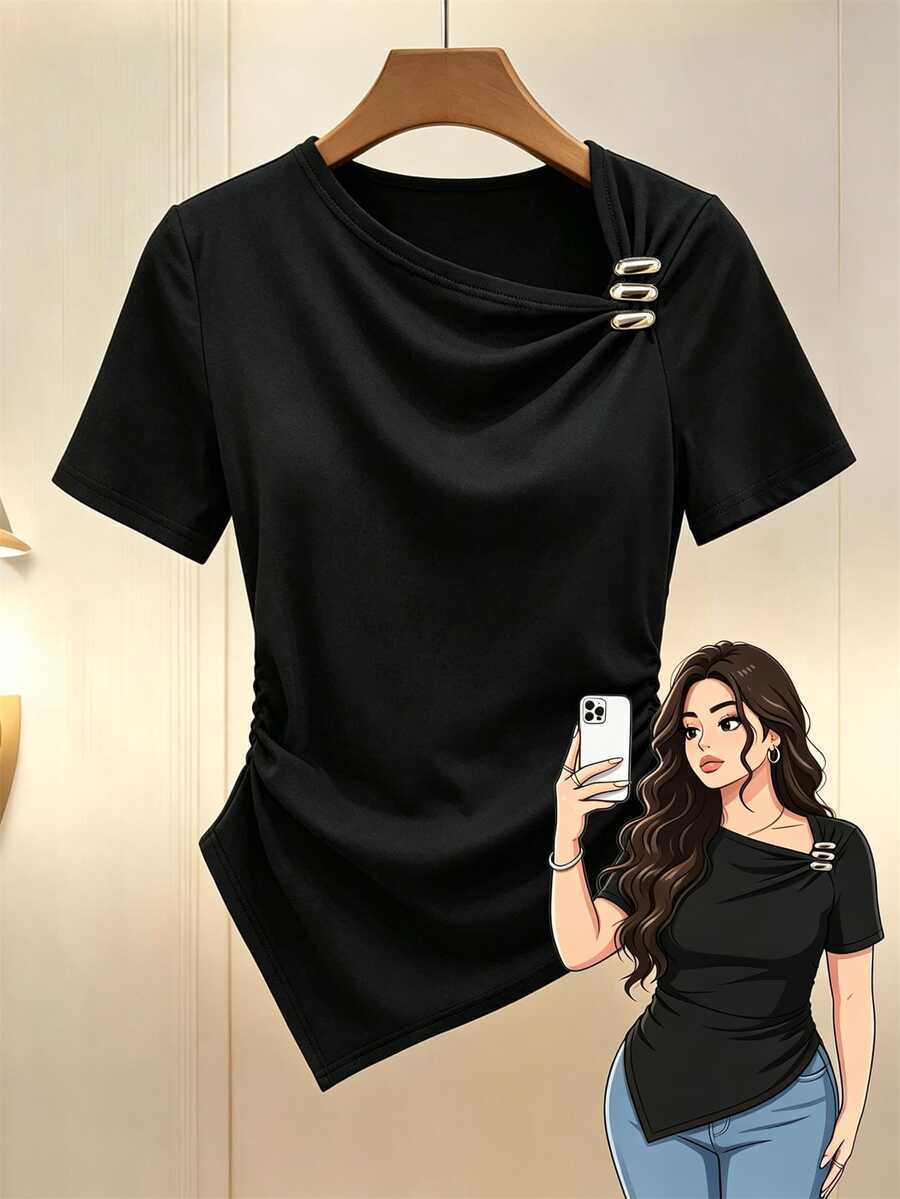 Formidée Plus Size Women's Minimalist Elegant Asymmetric Short Sleeve T-Shirt, Black And Gold Metal Accent, Asymmetric Hem Side Ruched, Summer Work Top - Black - View 1