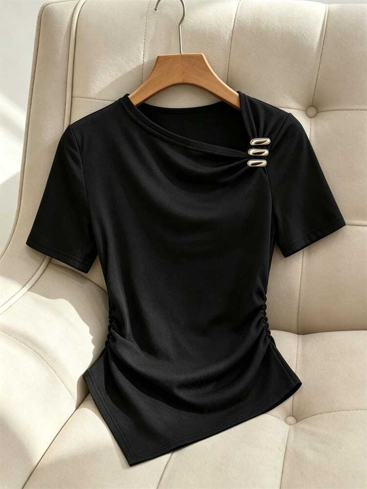 Formidée Plus Size Women's Minimalist Elegant Asymmetric Short Sleeve T-Shirt, Black And Gold Metal Accent, Asymmetric Hem Side Ruched, Summer Work Top - Black - View 8