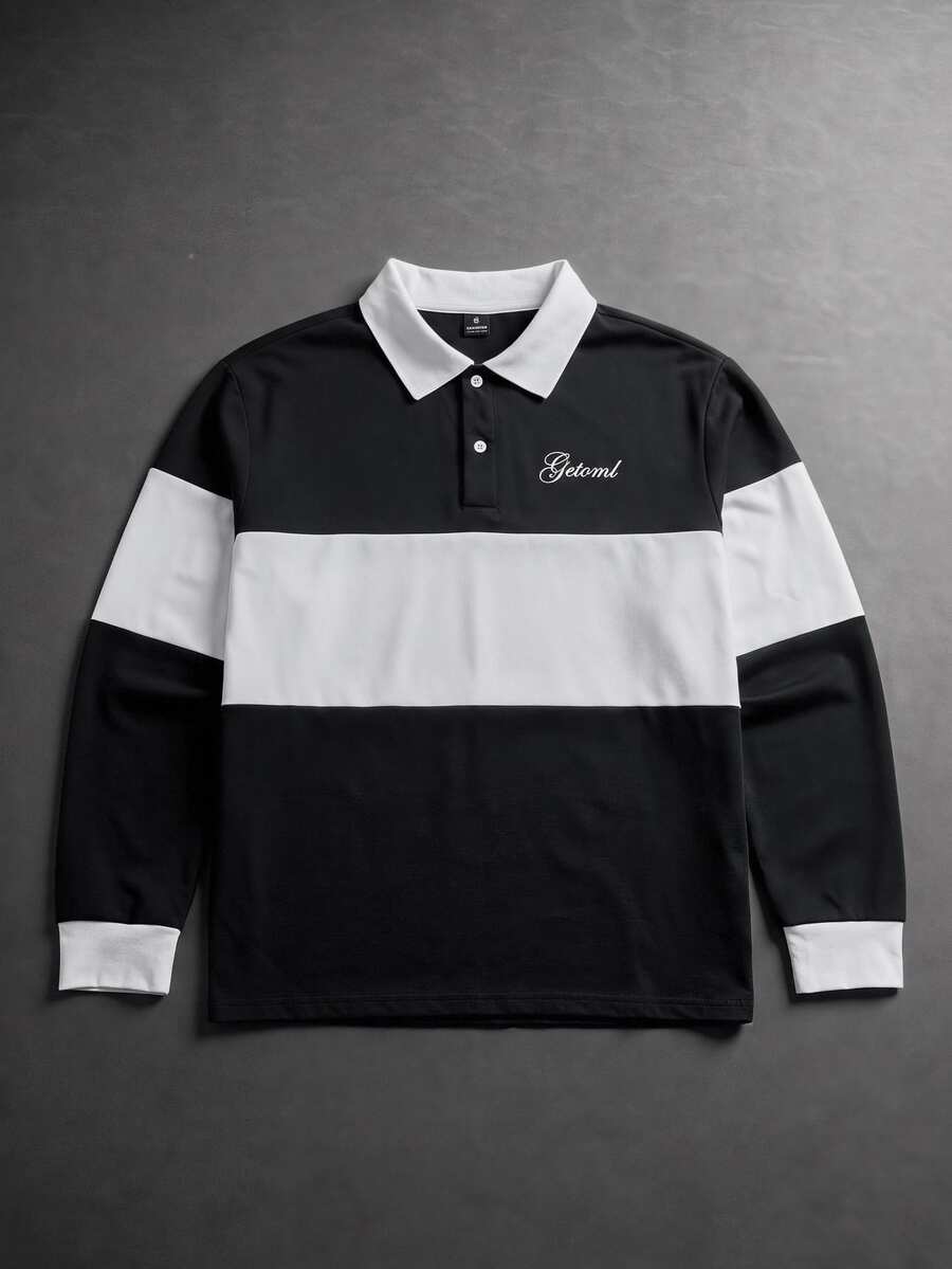GETOML Men's Knit Letter Print Long Sleeve Casual Polo Shirt - Black and White - View 1