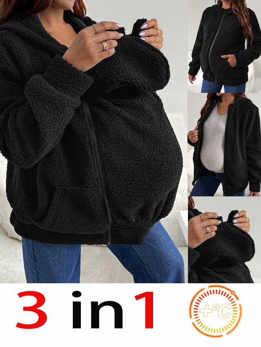 SHEIN 冬季孕婦純色休閒寬鬆大廓形日常居家旅行穿著 3合1外套 秋季黑色 - 黑色 - 查看 1