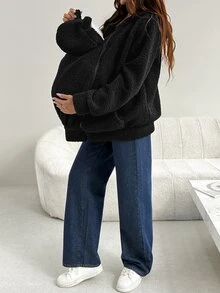 SHEIN 冬季孕婦純色休閒寬鬆大廓形日常居家旅行穿著 3合1外套 秋季黑色 - 黑色 - 查看 6