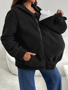 SHEIN 冬季孕婦純色休閒寬鬆大廓形日常居家旅行穿著 3合1外套 秋季黑色 - 黑色 - 查看 2