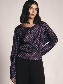 KSTM Geometric Diamond Print Satin Blouse With Boat Neckline Batwing Long Sleeves And Elasticated Waist Fall Winter Party Top - Multicolor - View 1