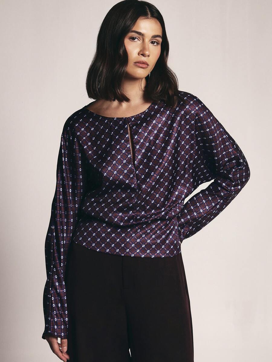 KSTM Geometric Diamond Print Satin Blouse With Boat Neckline Batwing Long Sleeves And Elasticated Waist Fall Winter Party Top - Multicolor - View 1