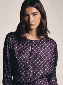 KSTM Geometric Diamond Print Satin Blouse With Boat Neckline Batwing Long Sleeves And Elasticated Waist Fall Winter Party Top - Multicolor - View 4
