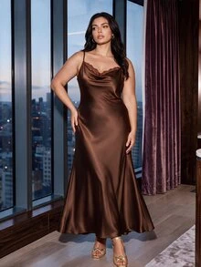 GlowEve CURVE Plus Size Women Lace Trim Elegant Waist Cinched Camisole Dress, Suitable For Dates And Parties - Brown - View 2